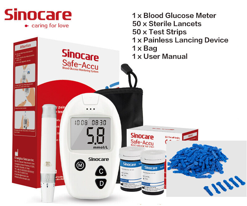 Sinocare Safe Accu WHITE Blood Glucose Monitor / 100 Strips Diabetes Test