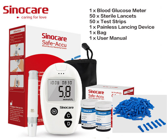 Sinocare Safe Accu WHITE Blood Glucose Monitor / 100 Strips Diabetes Test